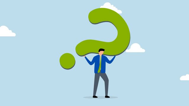 Hard question with no answer, 4k animation of frustrated trying businessman carrying heavy burden of  big question mark.