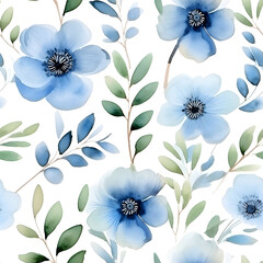 Watercolor Seamless Pattern with Luxury Lite Blue Flowers, Leaves and Branches, for Modern Home Decor, Textiles, Wrapping Paper, Wallpaper, Fabric Print, Greeting Cards, Invitation Card, Wall Sticker