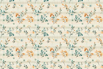 Rustic seamless pattern with wildflowers and leaves on a beige background, perfect for vintage and countryside-themed decoration and ornamental tile designs