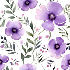 Watercolor Seamless Pattern with Luxury Purple Flowers, Leaves and Branches, for Modern Home Decor, Textiles, Wrapping Paper, Wallpaper, Fabric Print, Greeting Cards, Invitation Card, Wall Sticker