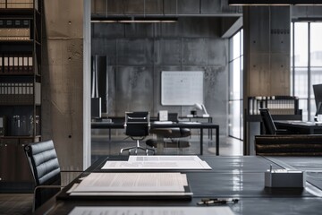 A large office space with a white board on the wall