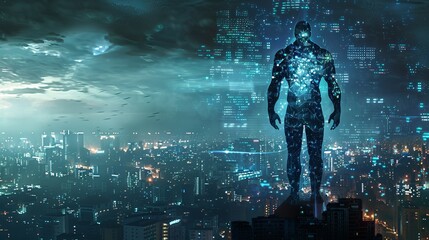 Holographic human figure over digital cityscape at night. AI protector concept