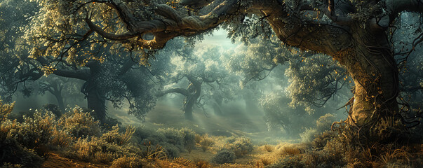 Forest, Ancient Trees, Guardians of Nature, Embracing the wildlife, Rainy afternoon, 3D render, Backlights, Vignette