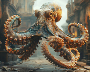 Giant octopus, shimmering scales, legendary sea creature, venturing into the unknown, through ancient ruins and schools of exotic fish, 3D render, Golden hour, Depth of Field Bokeh Effect