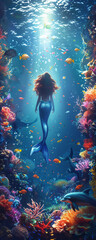 Mermaid, sparkling tail, mystical sea being, delving into the hidden treasures, surrounded by vibrant coral reefs and playful dolphins, Digital art, Backlights, HDR
