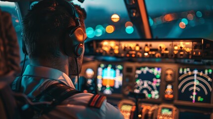 A close-up of a pilot in the cockpit of a commercial airplane, ready for takeoff, emphasizing aviation professionalism.