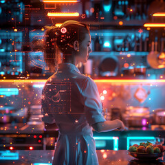 Nano-chef, Augmented Reality, Futuristic kitchen with holographic interface, Virtual tasting experience, Android waitress, 3D Render, Neon Lighting, Depth of Field Bokeh Effect