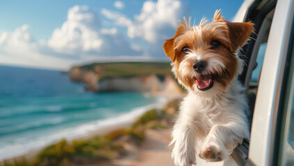 Dog travel by car, enjoying road trip, Happy dog with head out of the car window having fun