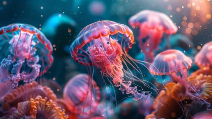 A close-up of exotic sea creatures like bioluminescent jellyfish and deep-sea fish, illustrating biodiversity in marine biology.