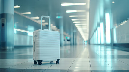 Uma mala de viagem branca é colocada no corredor do aeroporto