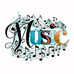 In a dynamic composition, the word 'Music' is encased in a cascade of floating musical notes that dance around the letters on a white background.