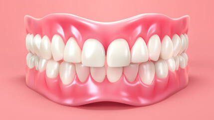 Dentes realistas, dentes humanos saudáveis ​​em fundo rosa