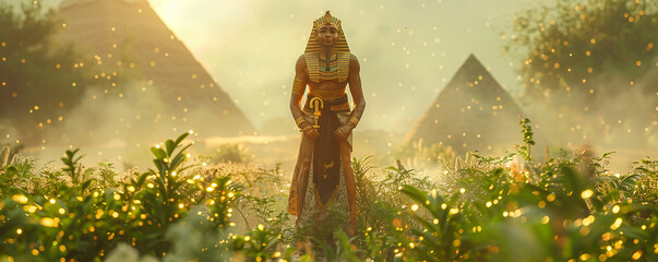 Osiris, god of the afterlife, standing tall with a sacred ankh in hand, surrounded by lush greenery and the pyramids of Giza A mystical fog adds an aura of mystery to the scene 3D render