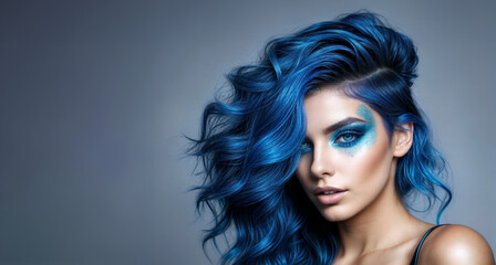 Fototapeta premium The girl with mesmerizing deep blue hair and eye-catching blue makeup looks like the epitome of creative expressiveness and individuality