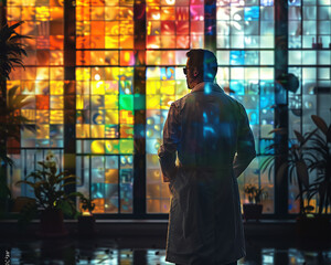 Fototapeta premium Scientist, lab coat, pushing boundaries of science and ethics, exploring how extended lifespans alter societal norms and values 3D render, Backlights, Chromatic Aberration