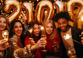 Obraz premium A diverse group of friends joyfully celebrate the New Year at a glamorous party with champagne and sparklers, making memories filled with laughter and excitement under the glowing lights