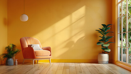 Modern wooden living room with an orange armchair on empty yellow wall background,Minimal room- 3D rendering
