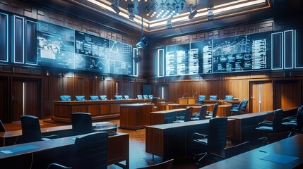 A modern courtroom with high-tech digital screens displaying evidence during a high-profile case.