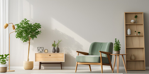 Living room style minimal with green armchair on empty white wall background- 3D rendering
