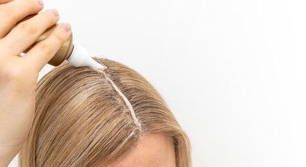 Design Middle Age Woman Applies Scalp Peeling, Scrub on Head Skin, Hair. Dandruff. Caucasian Female...