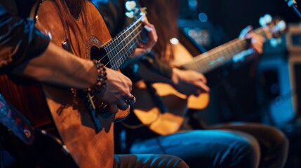 Naklejka premium Two guitarists share a moment on stage perfectly in sync as they play a solo together during the album playthrough.