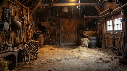 A rustic barn filled with traditional farming tools like scythes, plows, and wooden yokes, illustrating agricultural history.