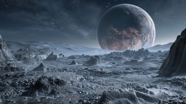 A realistic portrayal of the surface of an alien planet as viewed through the lens of a landing space telescope.