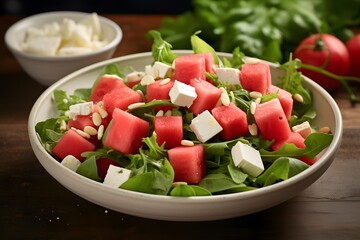 Fresh watermelon and feta salad with arugula and mint.