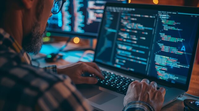 A software engineer troubleshooting network software on a laptop, with complex network diagrams and code in the background.