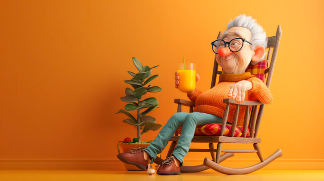 Imagen 3D de un abuelo en una silla tomando un zumo