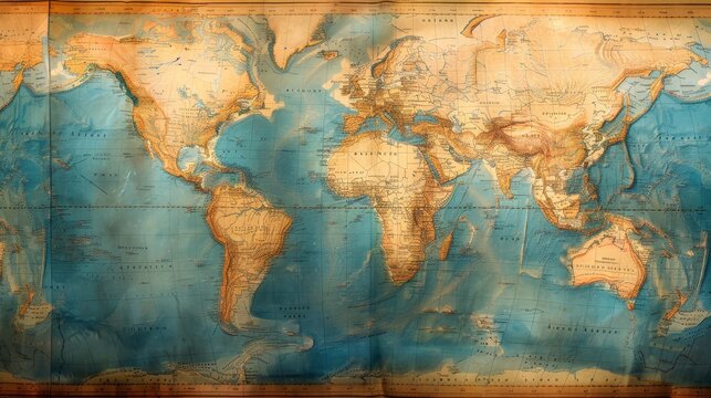 A vintage-style global map with shipping routes and historical trade winds, ideal for a presentation on economic history.