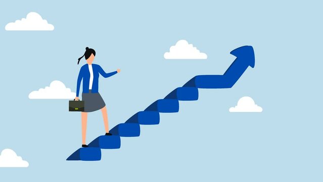 Career success for woman or female leadership, 4k animation of businesswoman taking small step while walking up stairs with arrow pointing up.