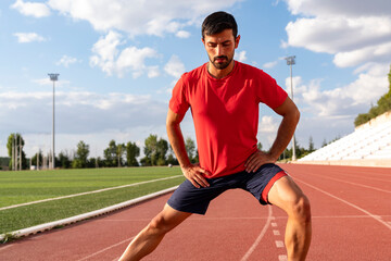 Fototapeta premium Athlete warming up by stretching before exercise. man doing stretching exercises before exercise