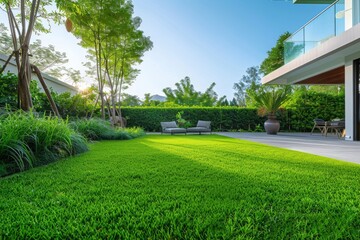 Fototapeta premium Lush Green Lawn Next to House