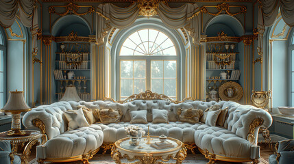 Classic Rococo Style Drawing Room with Blue and Gold Color Scheme and Antique Furnishings. Opulent Palace Interior with Rococo Design Elements and Exquisite Decor.