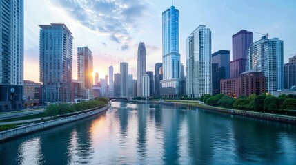 River Winding Through City Skyline