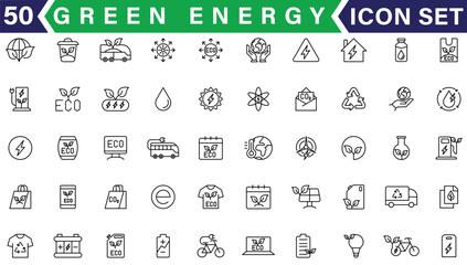 Set of green energy thin line icons. Icons for renewable energy, green technology. Design elements for you projects. Vector illustration