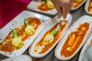 a couple of platters with plates that are on a table