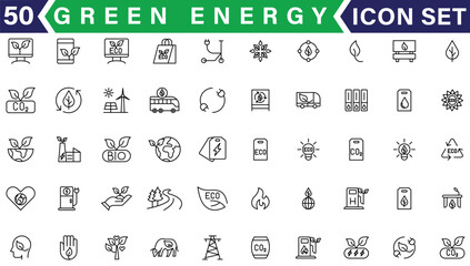 Green energy icon set. Collection of renewable energy, ecology and green electricity icons. Vector illustration