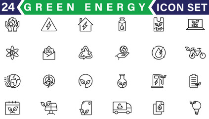 Set of green energy thin line icons. Icons for renewable energy, green technology. Design elements for you projects. Vector illustration