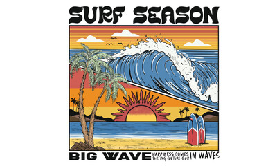 Obraz premium Surfing culture club print design. Sunshine tropical beach artwork. Palm beach vibes artwork. Big wave print design for t shirt print, sticker, background and other uses. Happiness comes in wave.