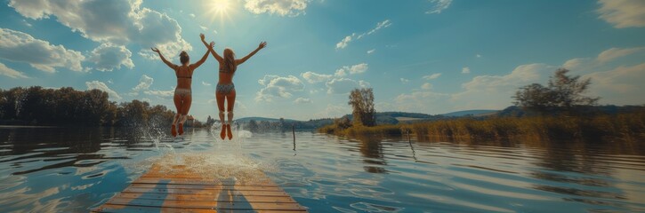 Two friends joyfully jumping into a lake from a wooden dock under a bright summer sky with fluffy clouds. Friends Jumping into Lake on Summer Day Banner with copy space