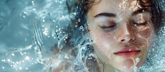Close-up of a serene woman's face floating in clear water with sunlight reflections and a calm expression. Serene Face of Woman Floating in Water Banner with copy space