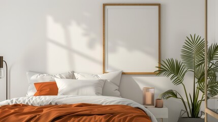 Picture frame mockup on a pristine white wall with an orange theme accent (copy space, home decor, realistic, Multilayer, contemporary bedroom backdrop)