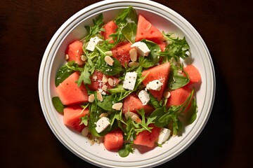 Fresh watermelon and feta salad with arugula and mint.
