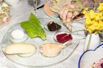 Seder Plate With Traditional Passover Fare.