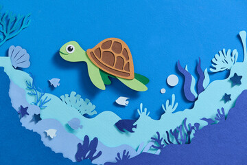 Paper art of the turtle in under water world