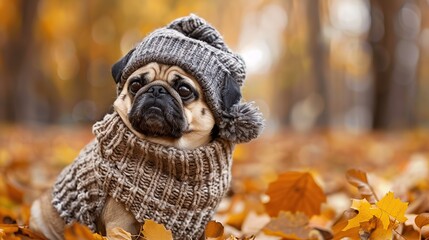 A charming pug dressed in a knitted sweater and hat, ready for a crisp autumn day, surrounded by fallen leaves