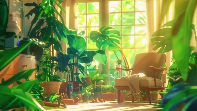 A living room filled with lush indoor plants, sunlight streaming in, and a gentle breeze rustling the leaves. The scene includes a comfortable chair and gardening tools neatly arranged, anime-style ch