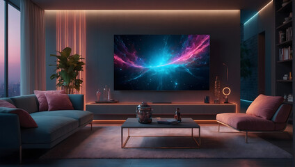 Smart tv in modern living room interior design with neon lights, 3d render. Generative ai.